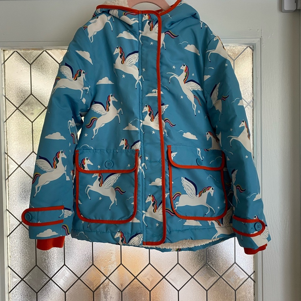 Mini Boden Blue and Red Raincoat with Hooded Design 7-8y